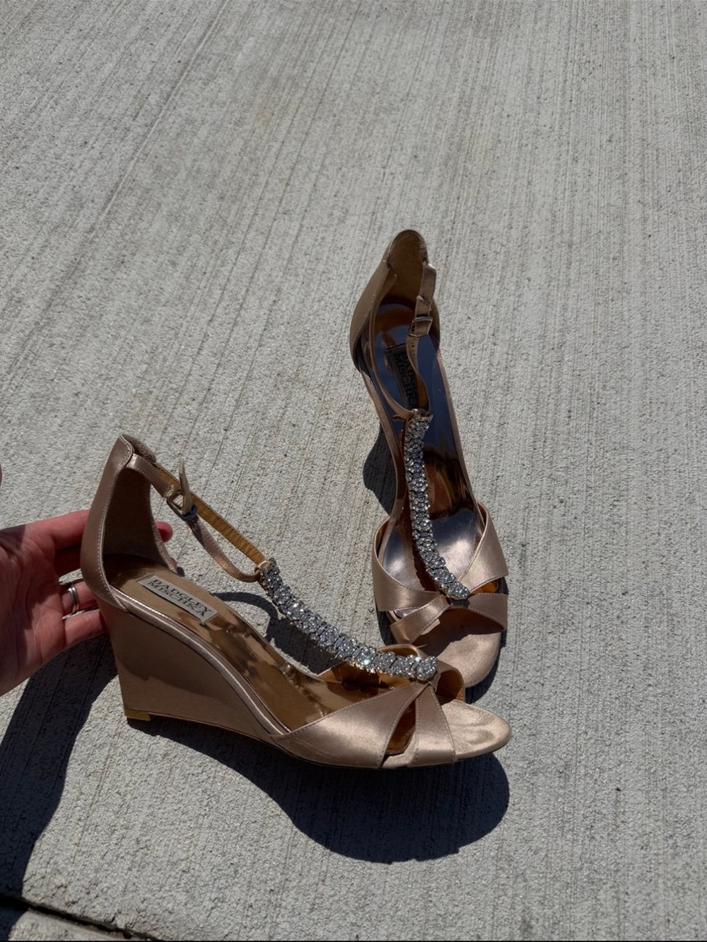 Badgley Mischka Rose Gold Satin T-Strap Crystal Embellished Heels - Picture 2 of 12
